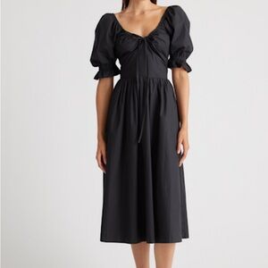 Quince Black Midi Dress with Puff Sleeves